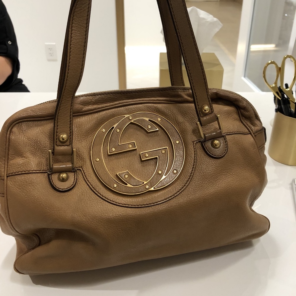 Authentic Gucci Vintage Tan GG Logo Leather Handbag